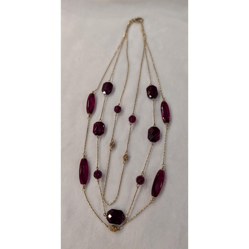 Vintage Monet Layered Gold Tone Necklace Ruby Red Faceted Bead Multi Strand